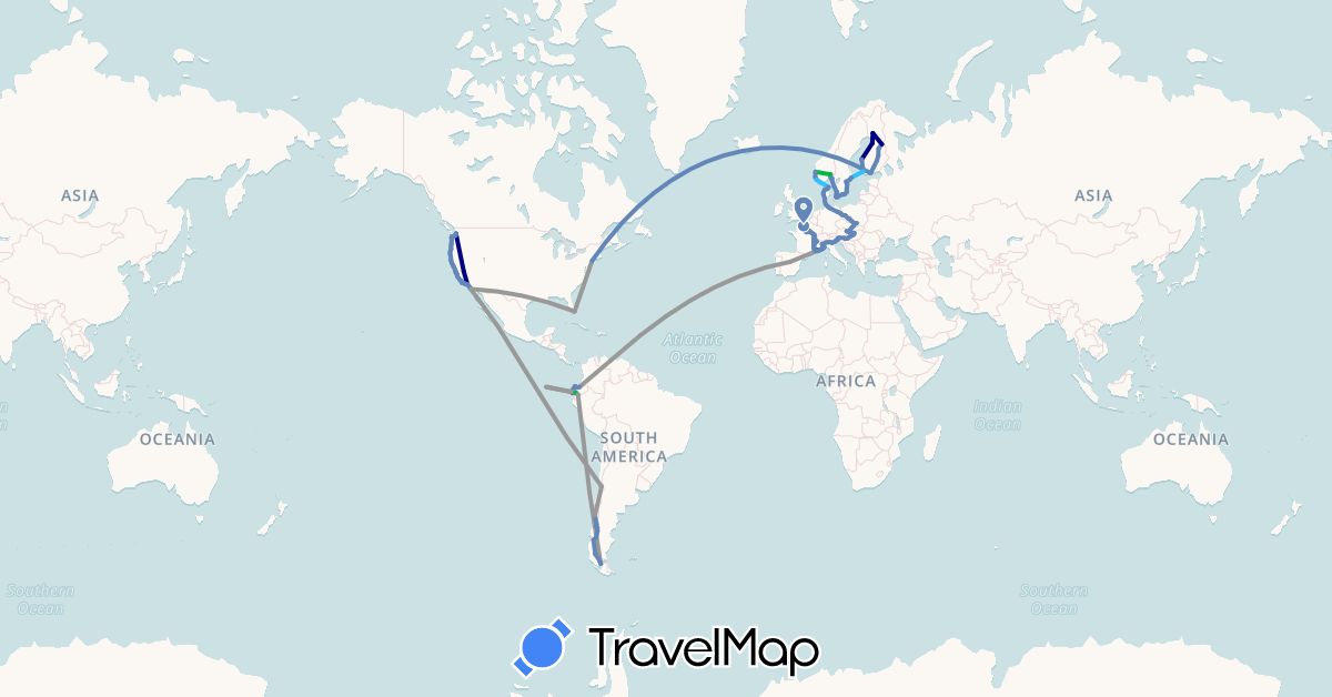 TravelMap itinerary: driving, bus, plane, cycling, boat in Austria, Chile, Germany, Denmark, Ecuador, Spain, Finland, France, Croatia, Hungary, Italy, Norway, Poland, Sweden, Slovenia, Slovakia, United States (Europe, North America, South America)